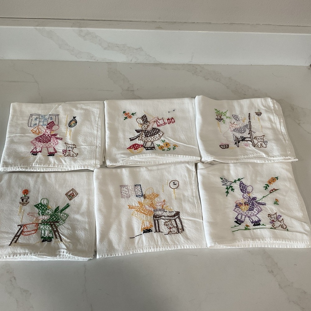 NEW HAND-EMBROIDERED FLOUR-SACK DISH TOWELS - LOT OF 6 SUNBONNET THEME